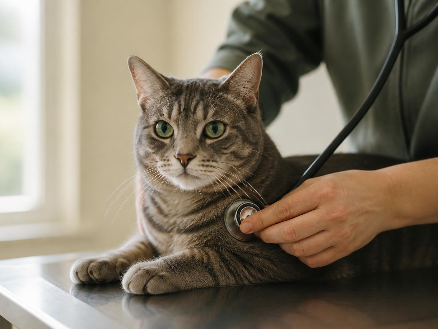 Getigerte Katze wird auf dem Behandlungstisch mit dem Stethoskop abgehört