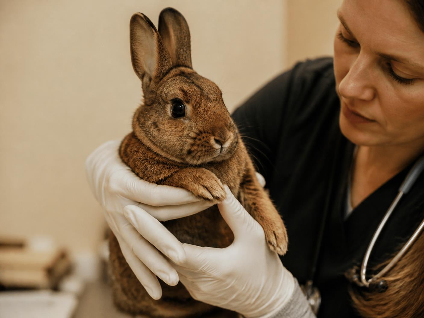 Kaninchen wird bei der Gesundheitsuntersuchung vorsichtig in den Händen gehalten