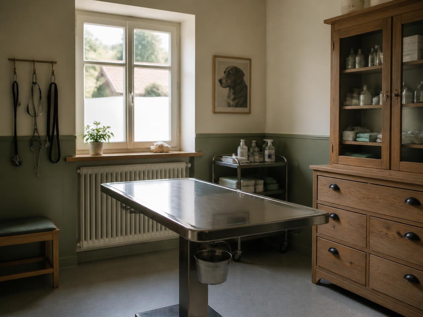 Ruhiger Behandlungsraum mit Edelstahltisch, Holzschrank und Tageslicht