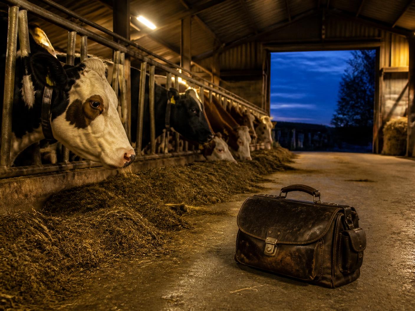 Rinder am Futtertisch in einem Stall am Abend, davor die Tasche des Tierarztes